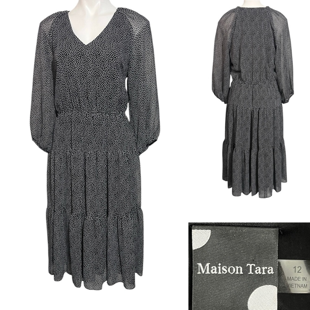 Maison Tara‎ dress sz 12 Black/White Polka Dot sheer sleeve midi office church